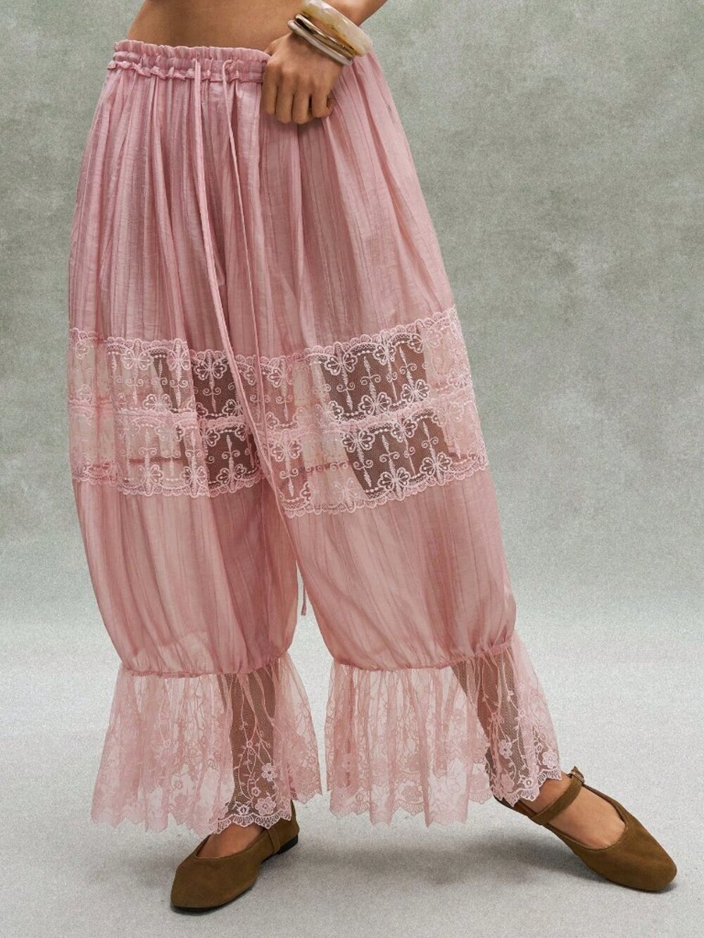 Pink Casual Women's Hollow-Out Lace Patchwork Drawstring Waist Lantern Pants